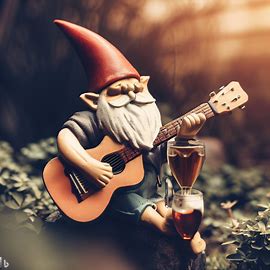 garden gnome playing guitar with beer